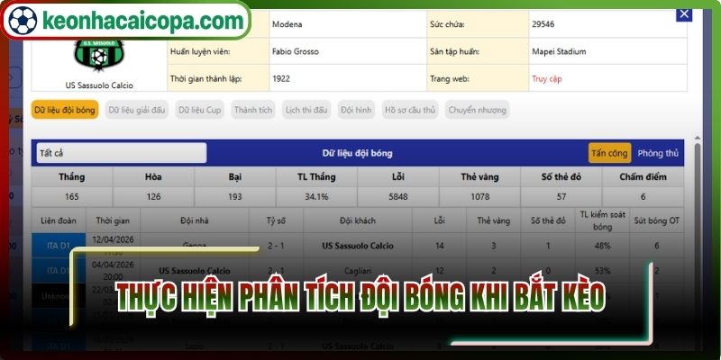 Thực hiện phân tích đội bóng
